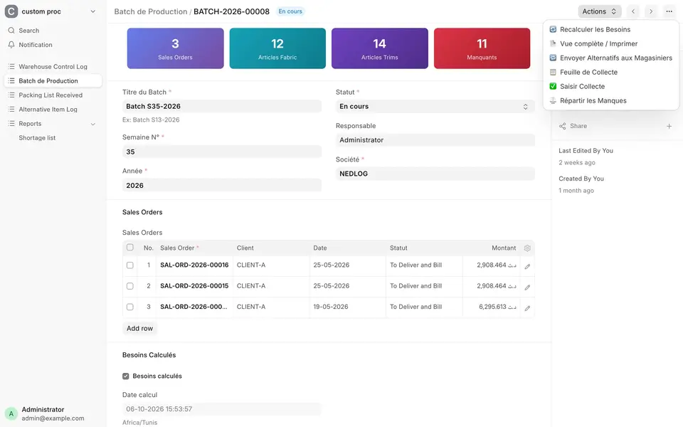 Production batch Actions menu: recalculate needs, full view, collection sheet, record collection, split shortages