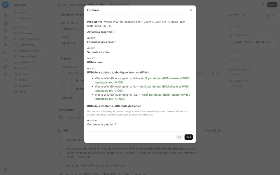 BOM creation preview: BOMs already identical, BOMs to create and differences for each size variant