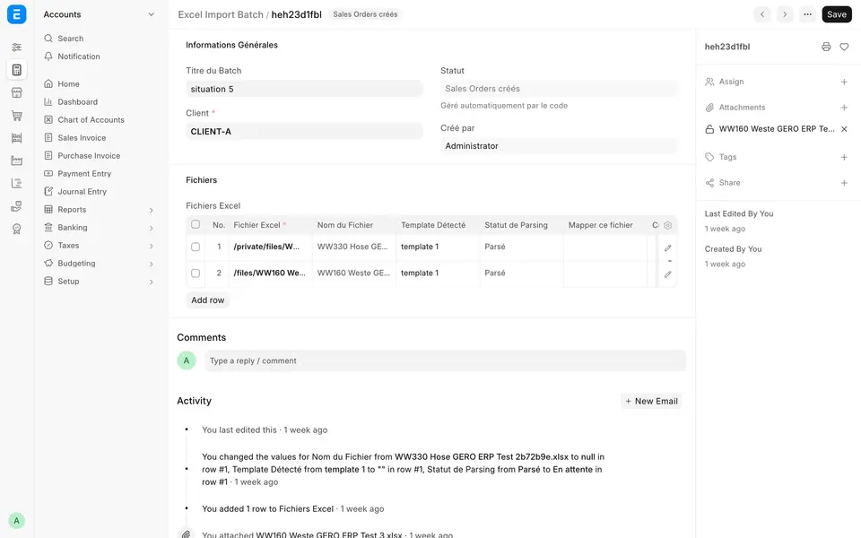 Excel Import Batch in ERPNext: two customer order files, recognised by template and parsed