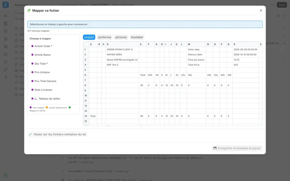 Click-to-map screen: preview of the customer's Excel sheet and the fields to map