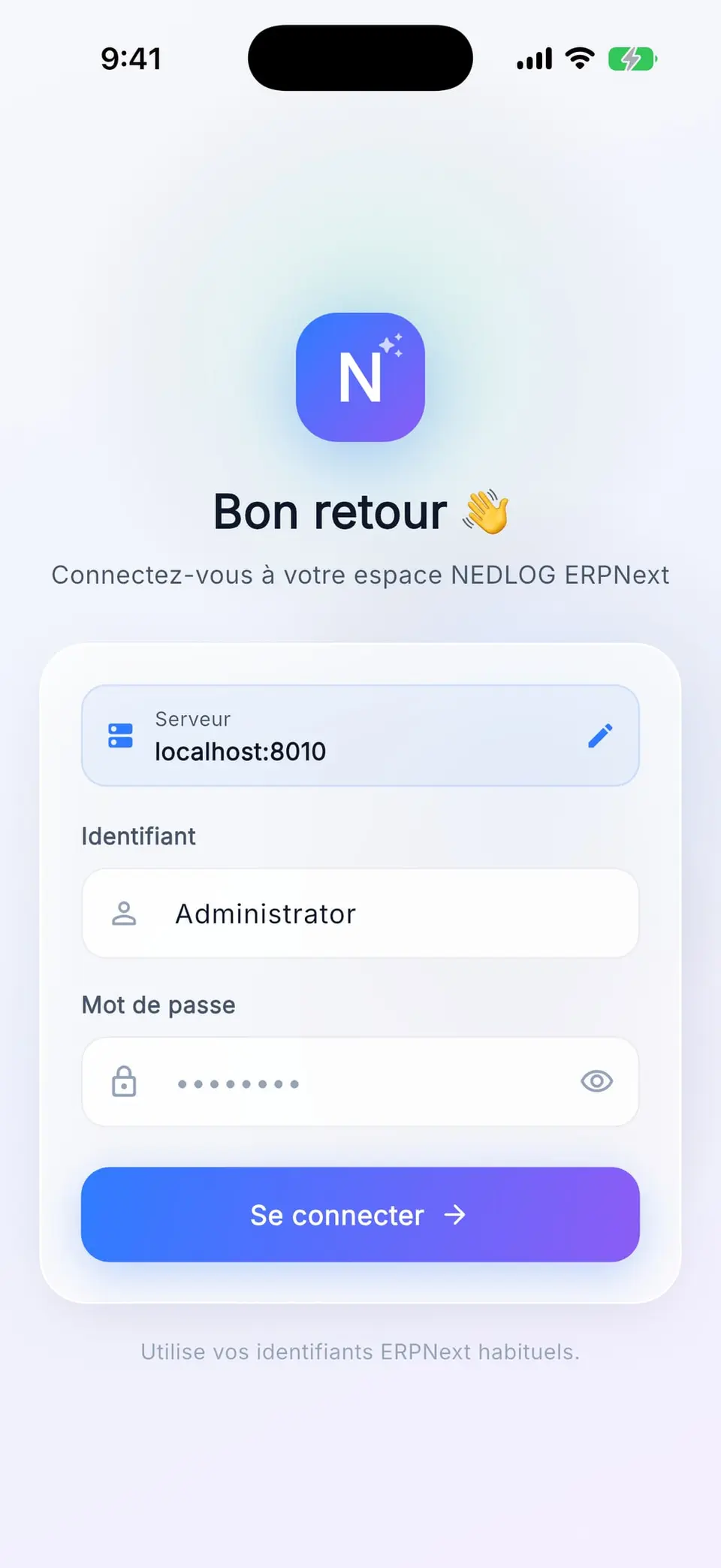 NEDLOG mobile app login screen, connected to the ERPNext instance