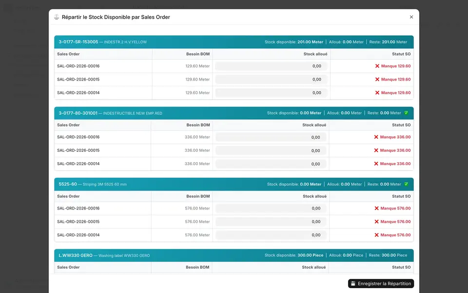 Split available stock by Sales Order: BOM need, allocated stock and remaining shortage per order