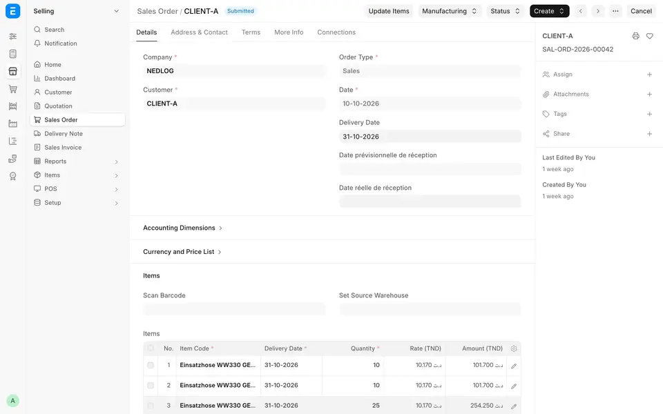 ERPNext Sales Order with NEDLOG fields: expected material receipt date and lines per size variant