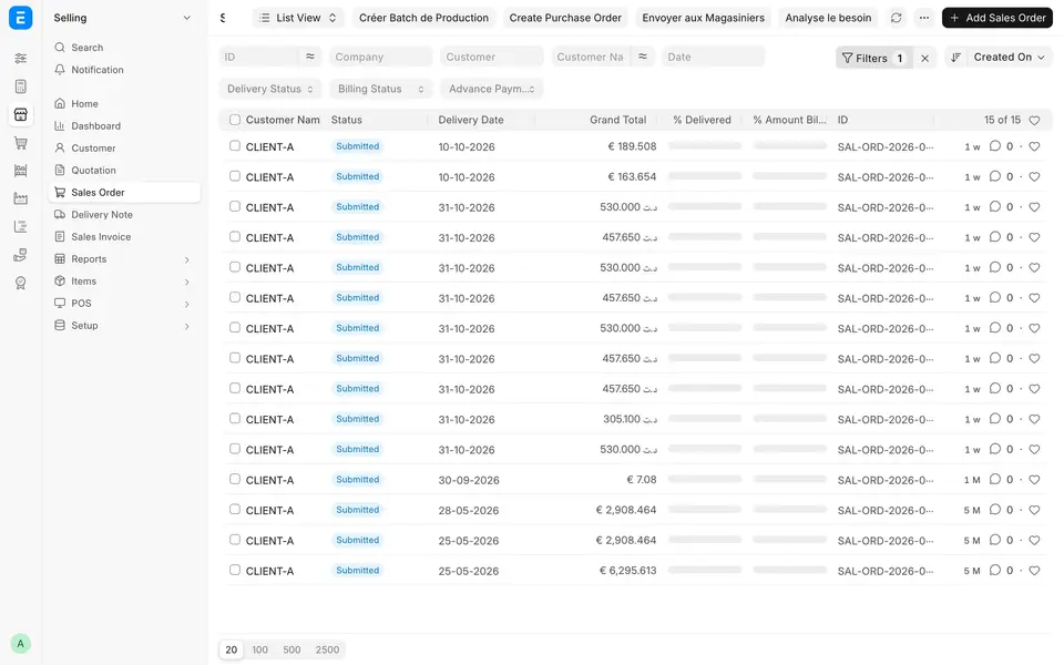 Sales Order list in ERPNext with NEDLOG's custom buttons: create a production batch, analyse needs, send to storekeepers