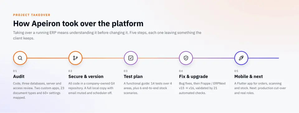 Five steps of the NEDLOG takeover by Apeiron: audit, secure and version, test plan, fix and upgrade, mobile app