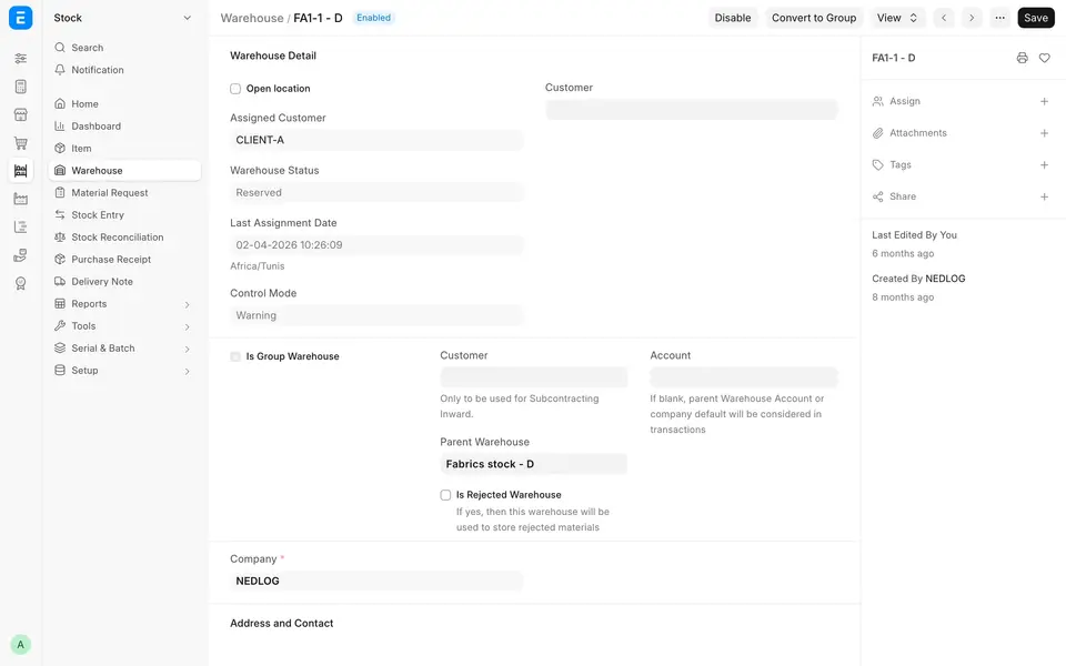 ERPNext warehouse with assigned customer, status and control mode