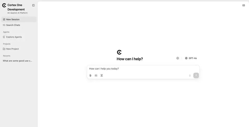 The Cortex One chat interface — sessions, agents, projects and chat search
