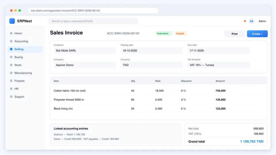 ERPNext sales invoice with items, tax template, totals and linked accounting entries
