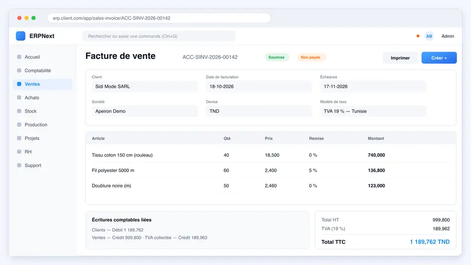 Facture de vente ERPNext avec articles, modèle de taxe, totaux et écritures comptables liées