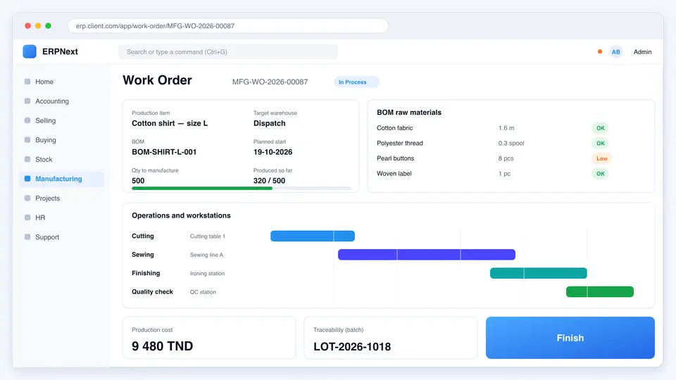 ERPNext work order with bill of materials, operations timeline, production cost and batch traceability