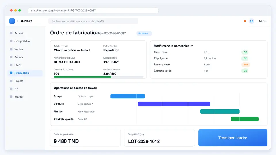 Ordre de fabrication ERPNext avec nomenclature, chronologie des opérations, coût de production et traçabilité du lot