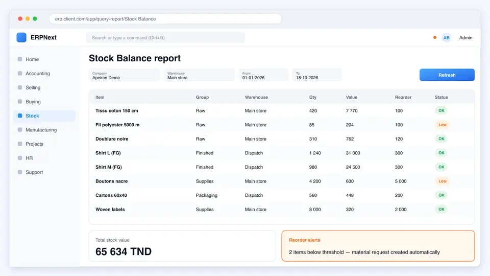 ERPNext stock balance report with quantities, values and reorder status