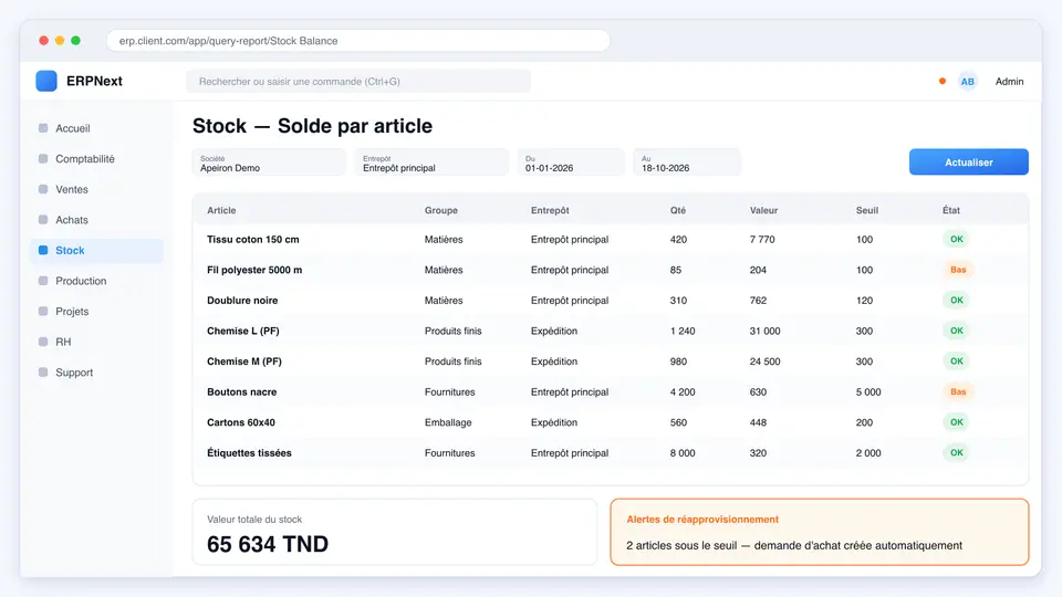 Rapport de solde de stock ERPNext avec quantités, valeurs et état de réapprovisionnement