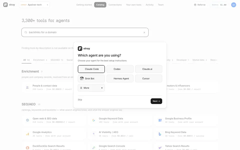Agent picker: Claude Code, Codex, Claude.ai, Cursor, Hermes…