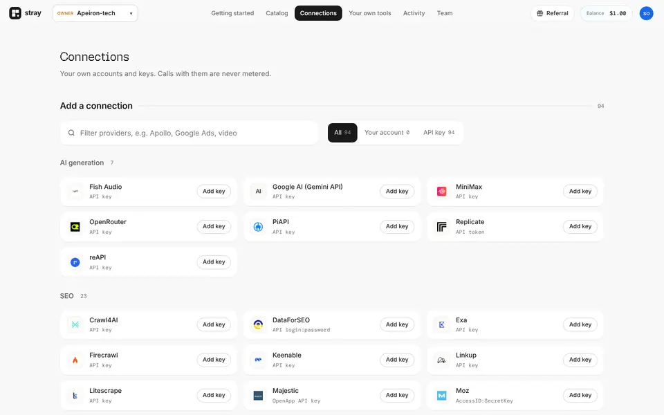 Connections: add your own keys for catalog providers