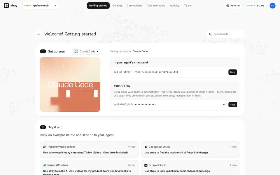 The dashboard's Getting started step: one sentence to send to the agent