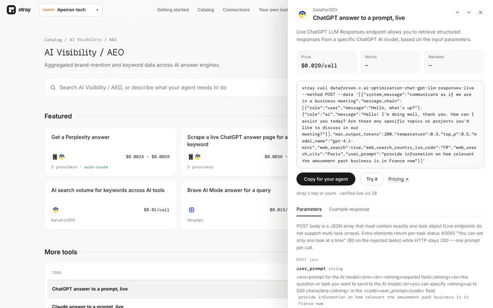 A tool's page: price, copy-ready command, parameters and example response