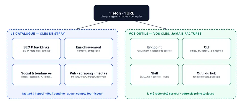 Two families of tools, one token: the catalog and your own tools