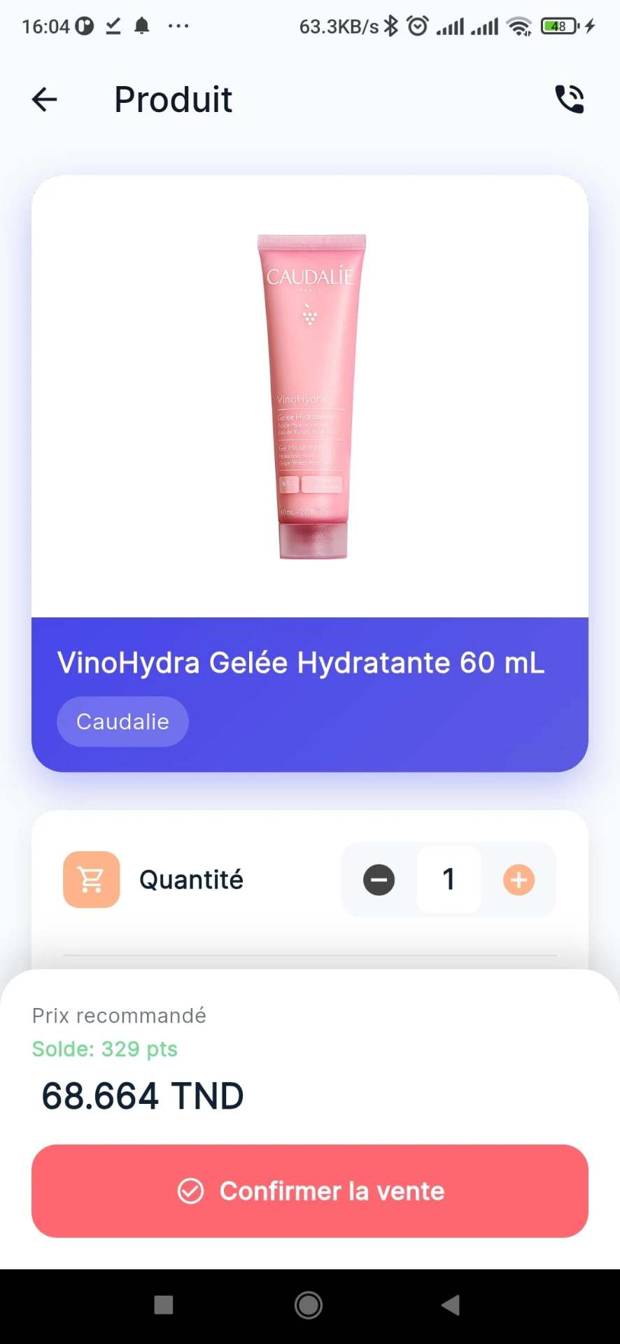 Fiche produit — points et confirmation de vente